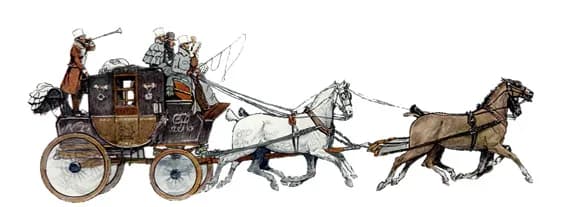 A group of people riding a horse-drawn carriage with two horses pulling it forward.